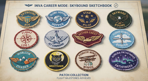 An INVA Career Mode patch collection board: twelve embroidered flight-milestone patches, including Skybound Ace, Globe Hopper, Star Pilot and Nighthawk.